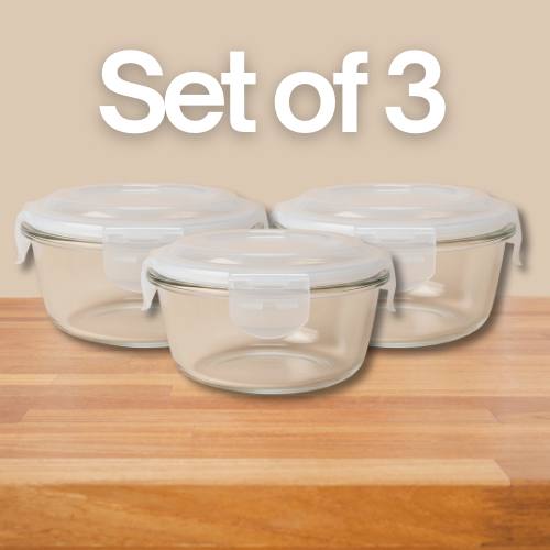 Glass Container - Set of 3 | Transparent, Microwave Safe, Leak Proof, Dishwasher Safe, Stain Free