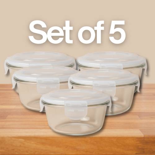 Glass Container - Set of 5 | Transparent, Microwave Safe, Leak Proof, Dishwasher Safe, Stain Free